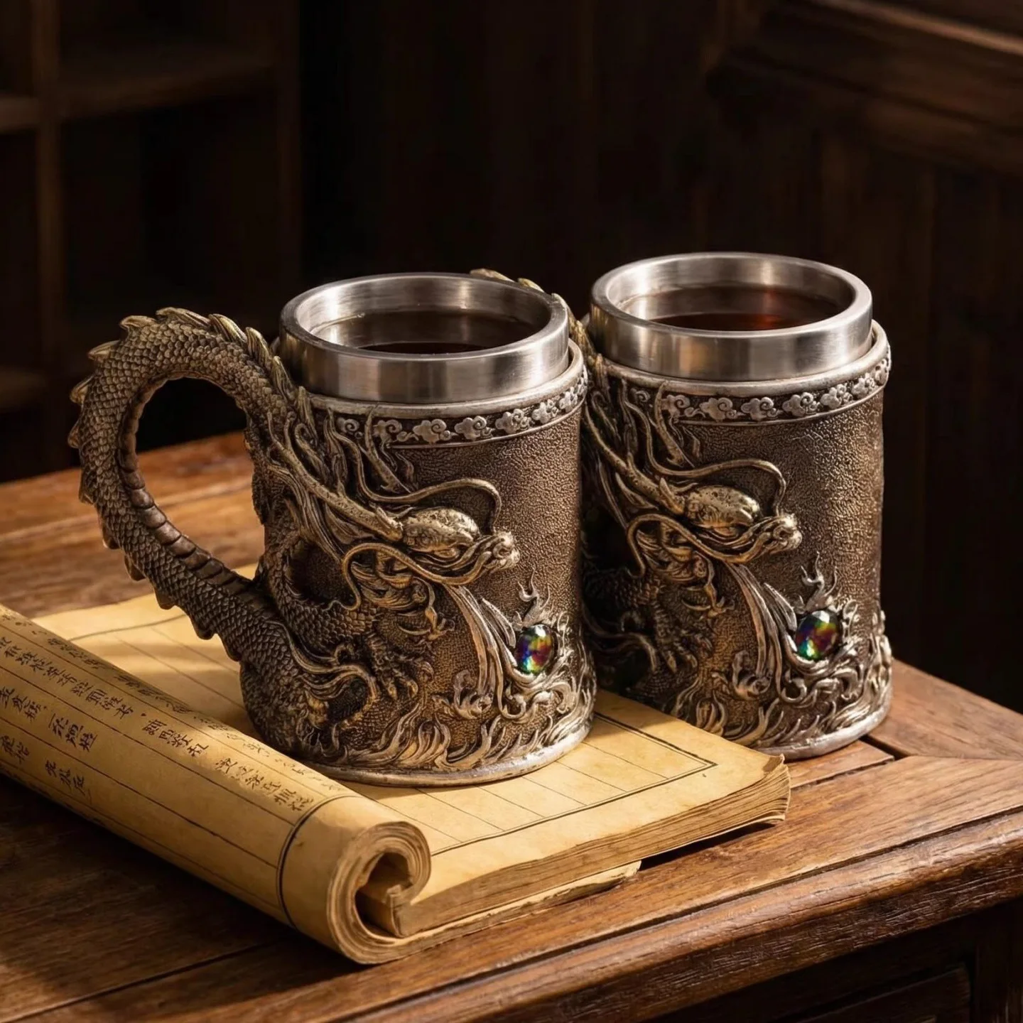 600ML Dragon Beer Golden Copper Resin Tankard 304 Stainless Steel  Medieval Tea Cup Coffee Beer Mug Copper Color New Party Bar