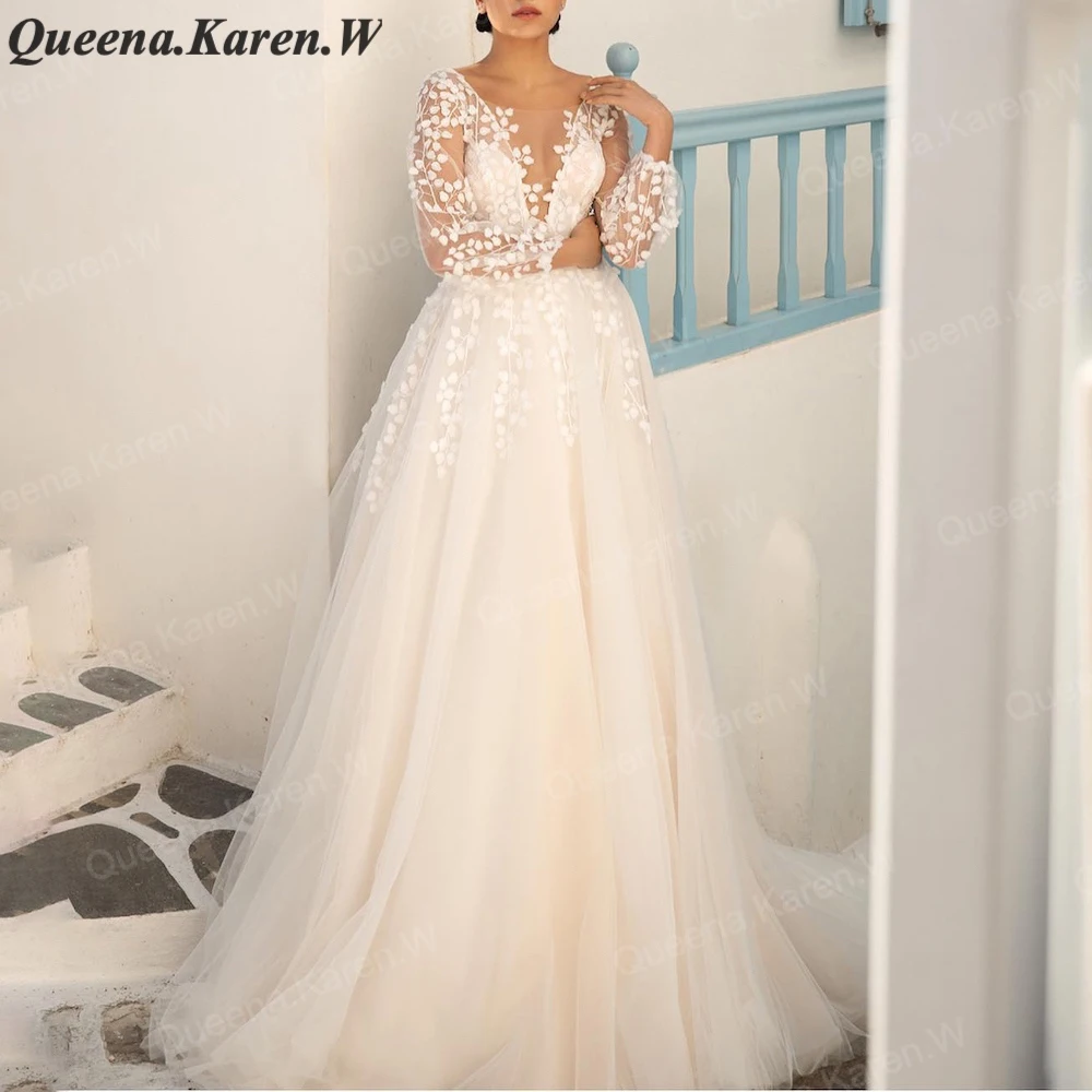 

Elegant princess Wedding Dress long sleeve V neck lace applique bride dress robe de mariee A line Wedding Bridal Gown