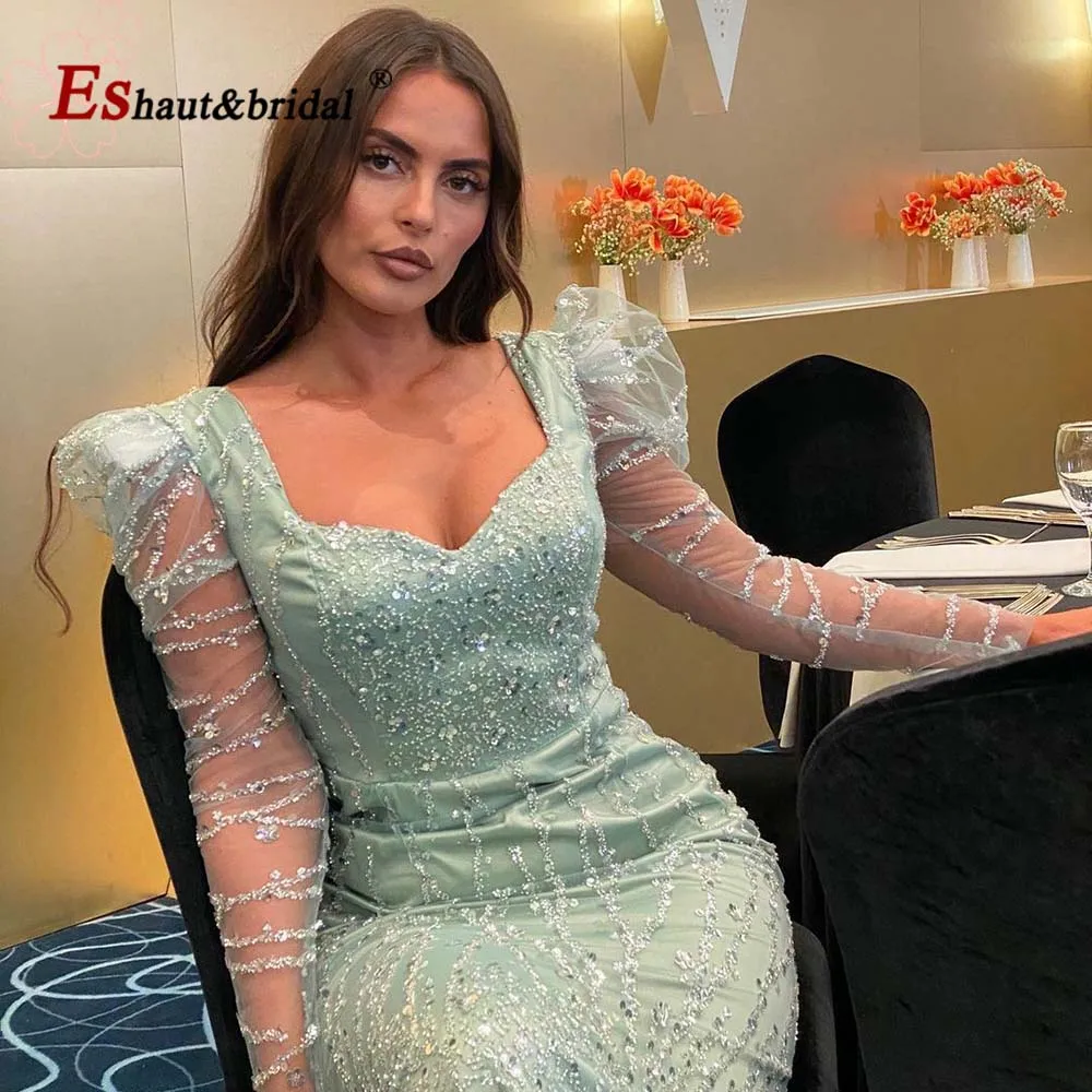 Elegant Mermaid Beads Midi Evening Dress for Women 2023 Long Sleeves Sweetheart Ankle Length Formal Prom Wedding Party Gowns