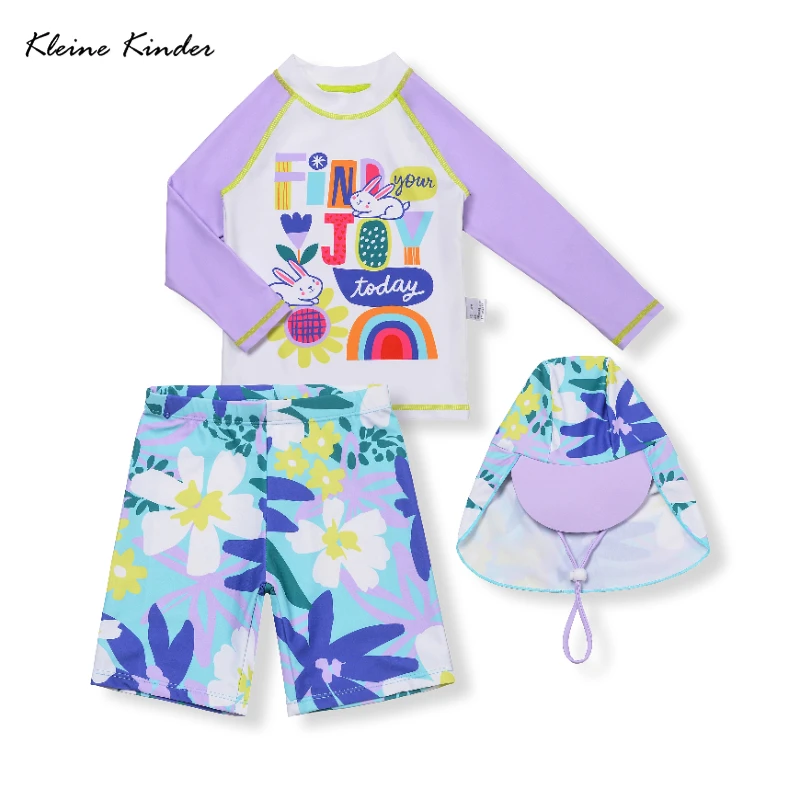 Girls Rash Guard Toddler Baby Girl Swimwear UPF 50+ Sun Protection Flower Print Long Sleeve 3 Piece Purple Swimsuit with Sun Hat