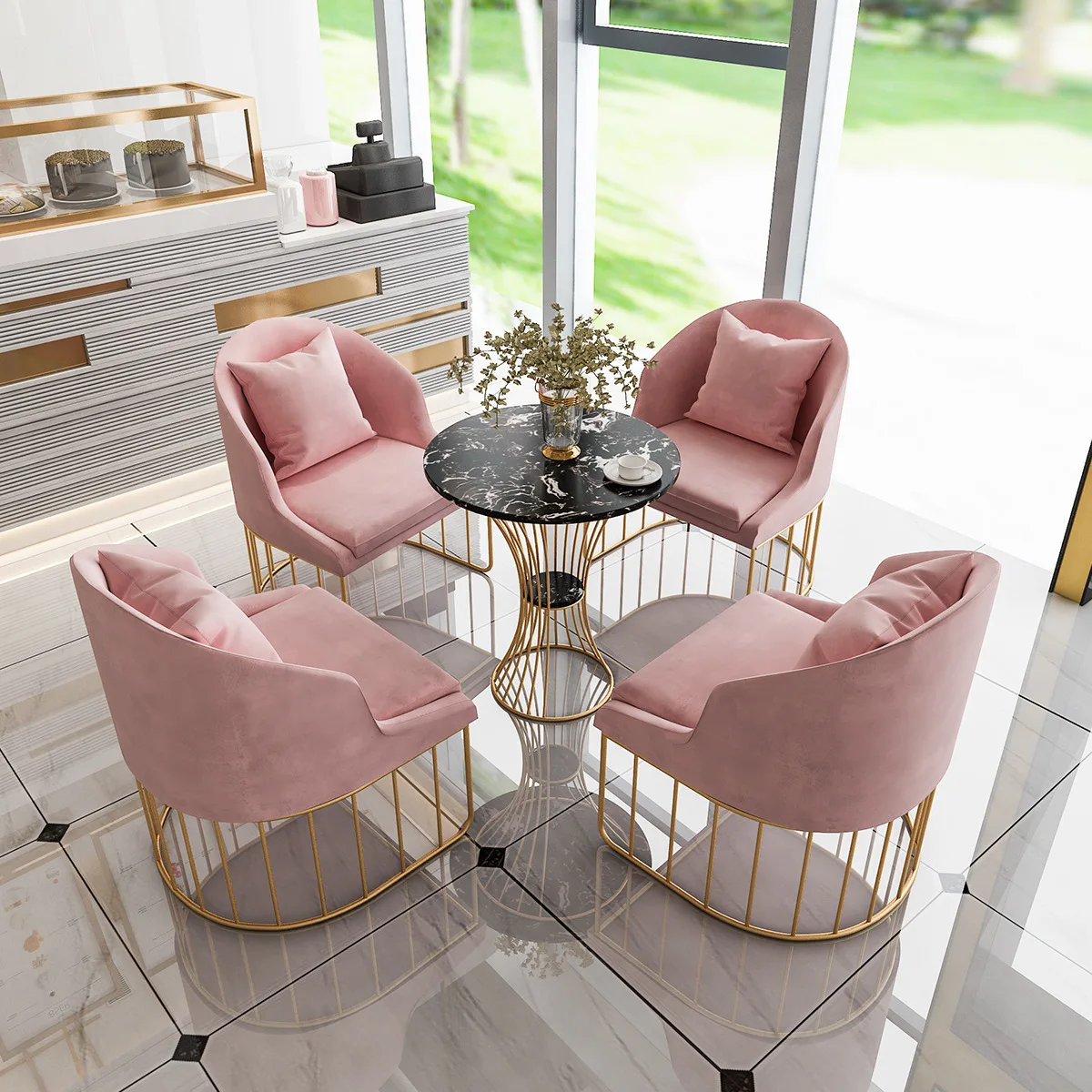 

L # Modern Pink Velvet Fabric Couch And Sofa Set With Golden Metal Leg Chairs Tables For Bistro Restaurant Coffee Shop Dining Ca