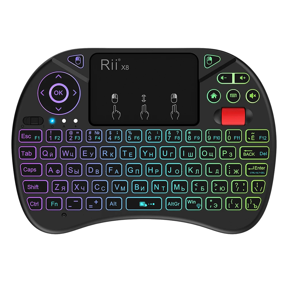Rii X8 podświetlana mini klawiatura bezprzewodowa angielski rosyjski portugalski 2.4G Air Mouse zdalny touchpad dla Android TV Box PC