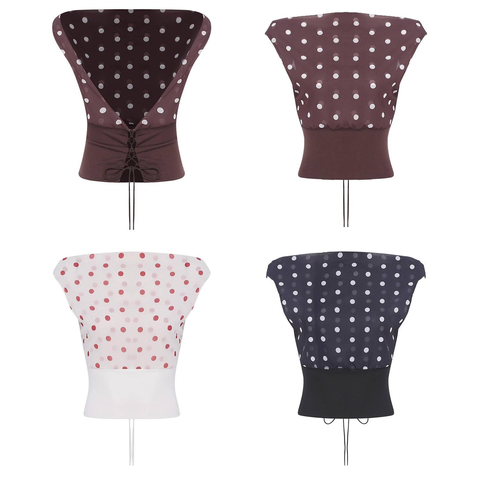 

Womens Polka Dot Chiffon Crop Top Cowl Neck Sleeveless Backless Lace-up T-shirt Off Shoulder Blouse for Office Work Casual Wear