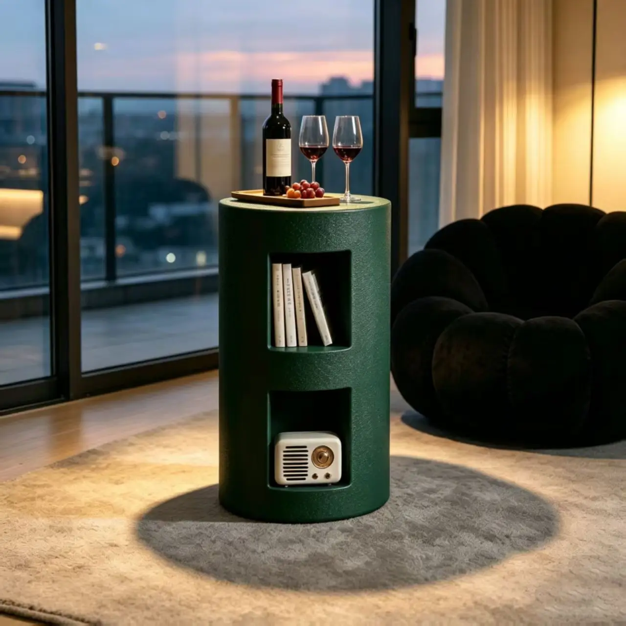 sb-Cylindrical Cutout Drum Carbon Steel Modern Nightstand Matte Black Storage 2 Drawers Ultra-Narrow Bedroom Furniture