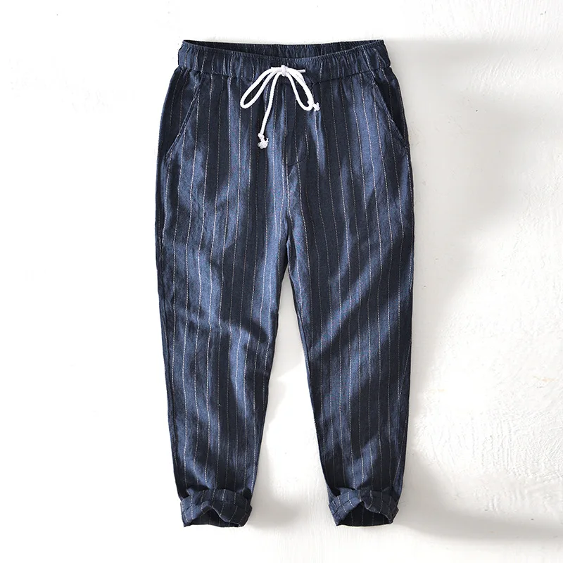 

Men's Summer Thin Cotton Linen Nine-Piece Casual Pants Loose Fit Vintage Japanese Sle Striped Loose Nine-Piece Pants