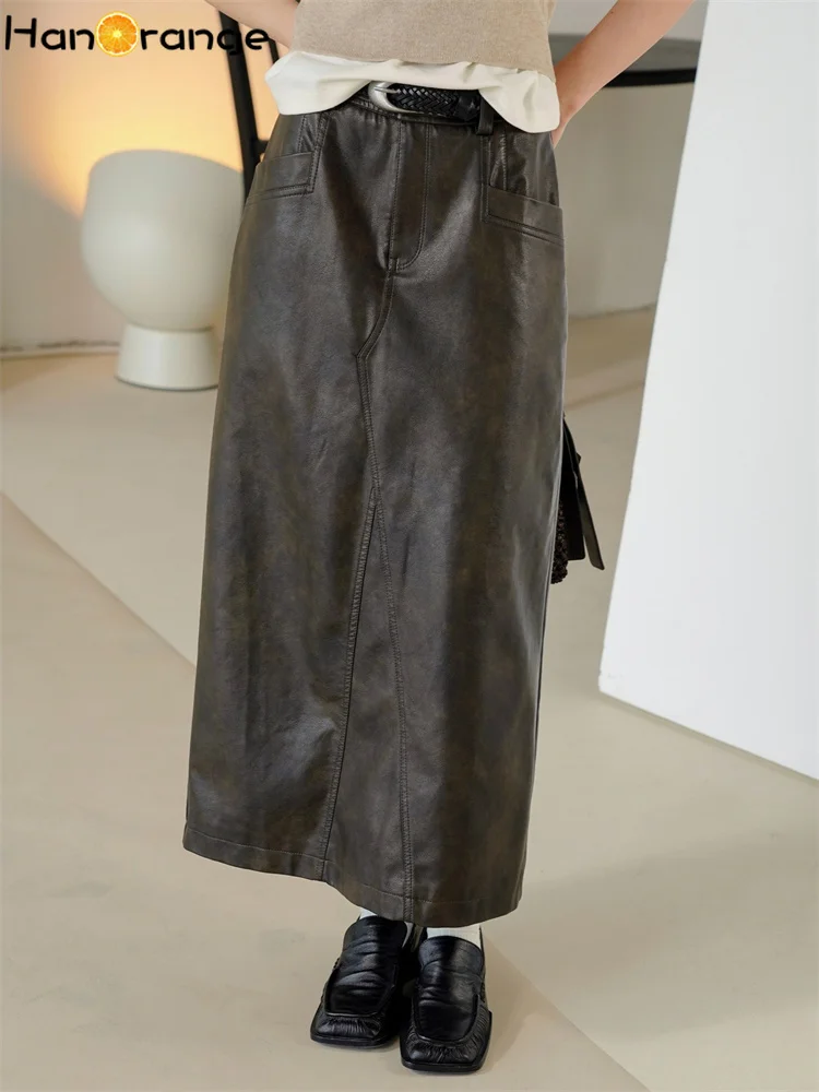 

HanOrange 2024 Early Spring Retro PU Split Half Skirt Soft Loose Straight Leg Mid Calf Skirt Coffee