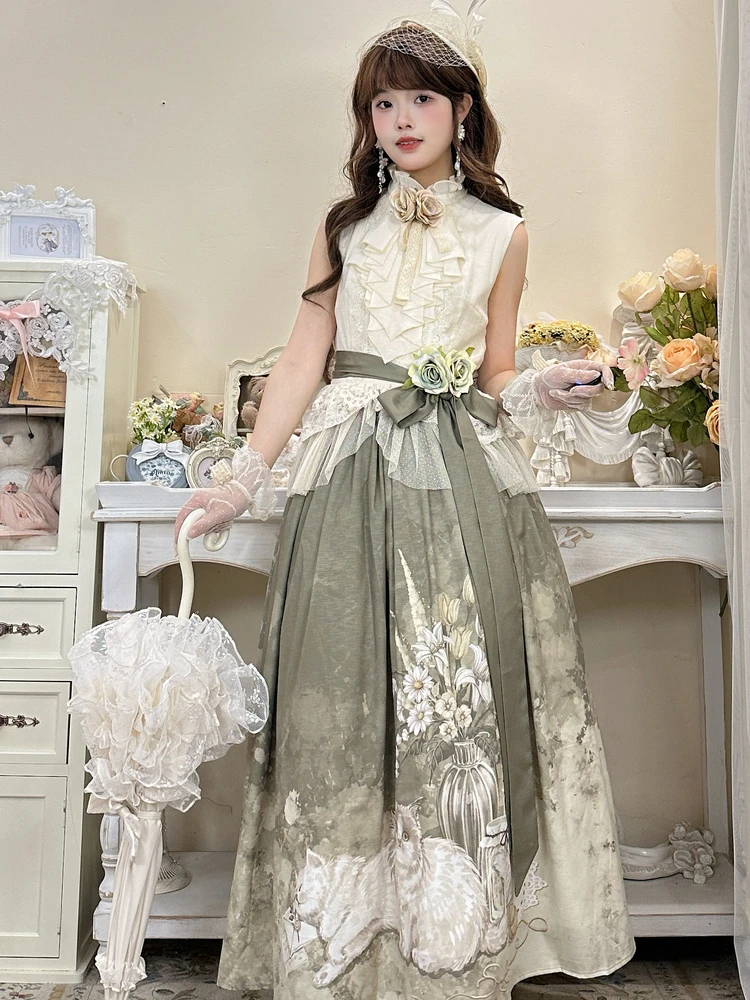 MAGOGO Original Design Lolita Elegant Skirt and Top Set Women Vintage Gentle Printed Long Skirt + Chic Sleeveless Slim Top