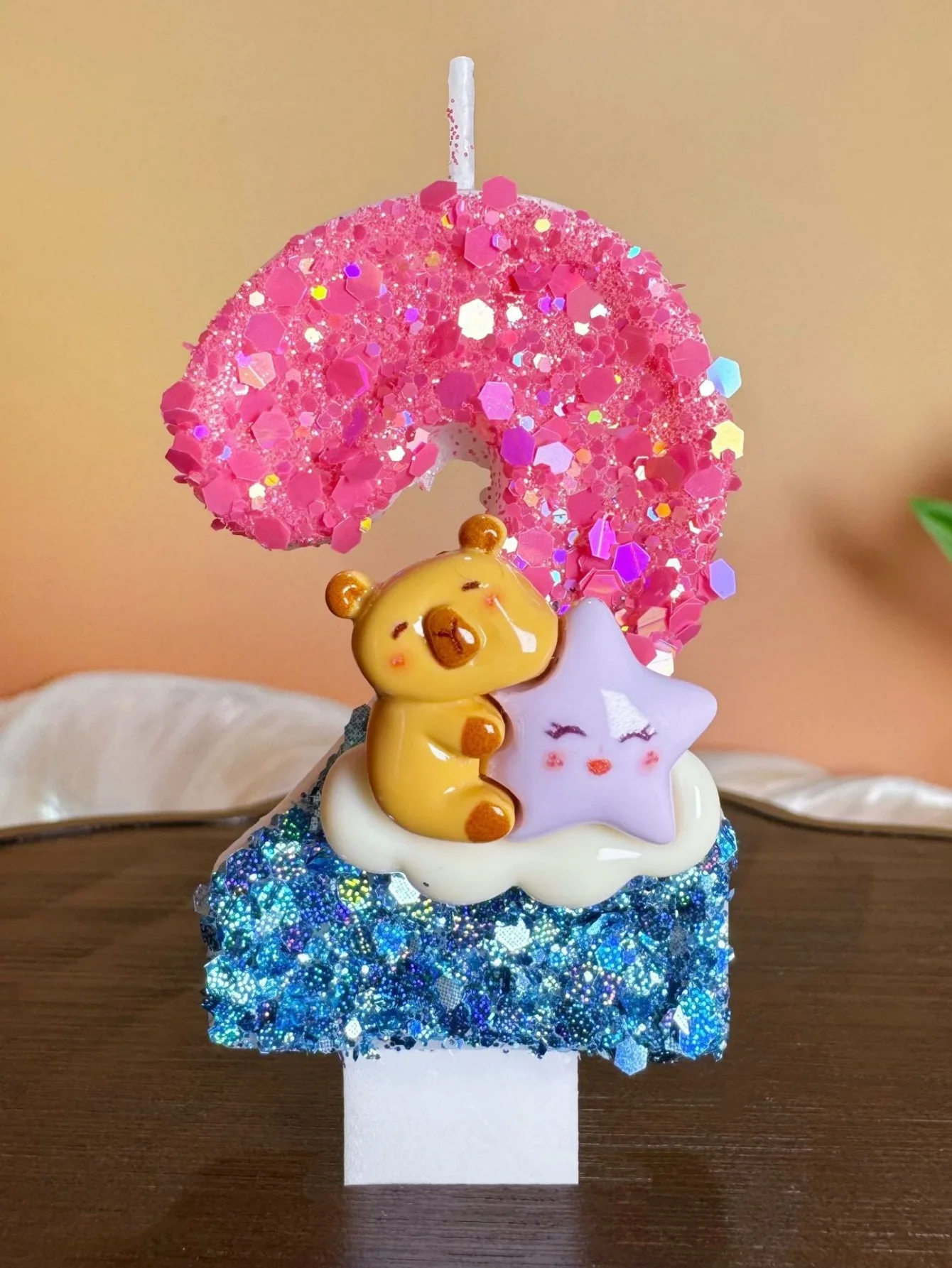 Pink-Blue Digital Candles, Kapibara Holding the Blinking Purple Star Decorative Candles, Festival and Commemorative Candles