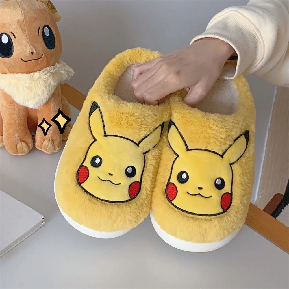 

Household warm and anti slip cute cartoon fur shoes for couples, Pok é mon Pikachu winter cotton slippers for men and women