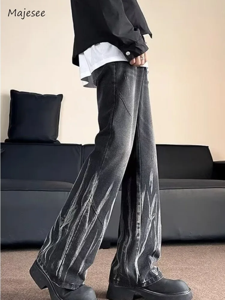 

Vintage Washed Denim Jeans Men High Street Fashion Chic Wide-leg Trousers Harajuku Handsome Distressed Mopping Autumn Winter Ins