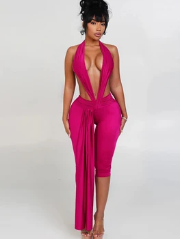 Weird Puss Patchwork Halter Romper Women Ribbon Sleeveless Elastic Backless Workout Activewear Midnight Activity Slim Playsuits 3