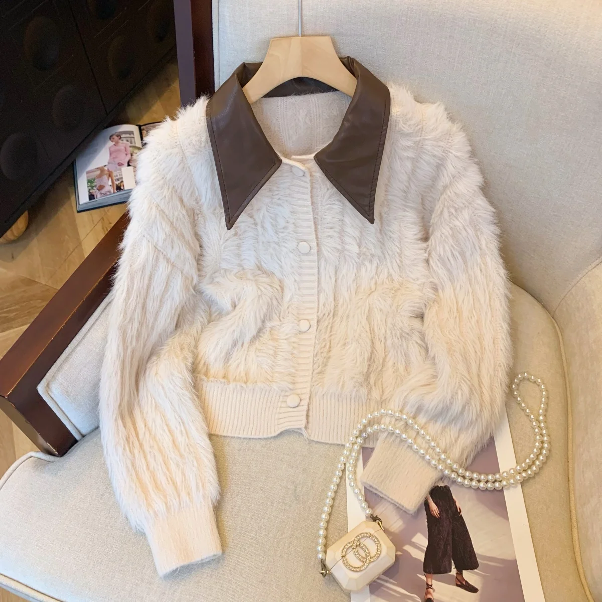 

Imitation Mink Fur Women Knitted Sweater Leather Lapel Single Breasted Cardigan Autumn Winter Female Short Outerwear Knitwear