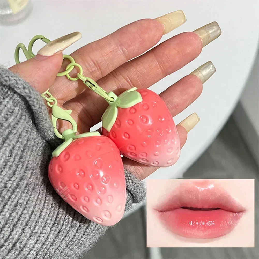 1pc Strawberry Keychain Warming Lip Balm Long Lasting Natural Pink Lipstick Tint Color Changing Lipstick Fruity Lips Care Makeup