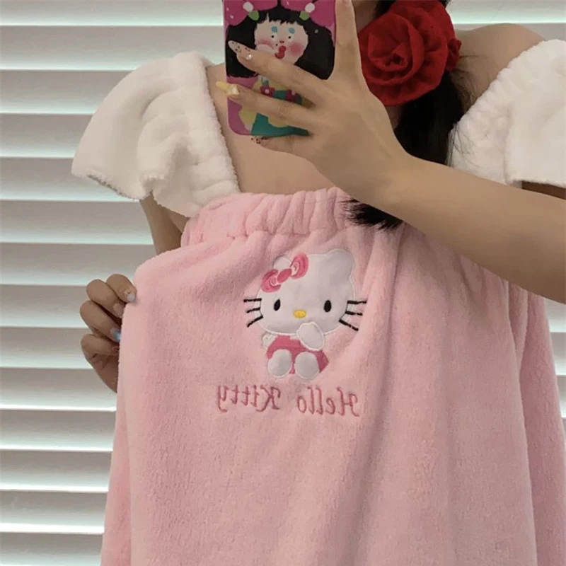 Sanrios Kawaii Hello Kitty Pajamas Coral Velvet Children Girls Heart Cartoon Anime Sleeping Robe Hooded Loungewear Toys Gifts