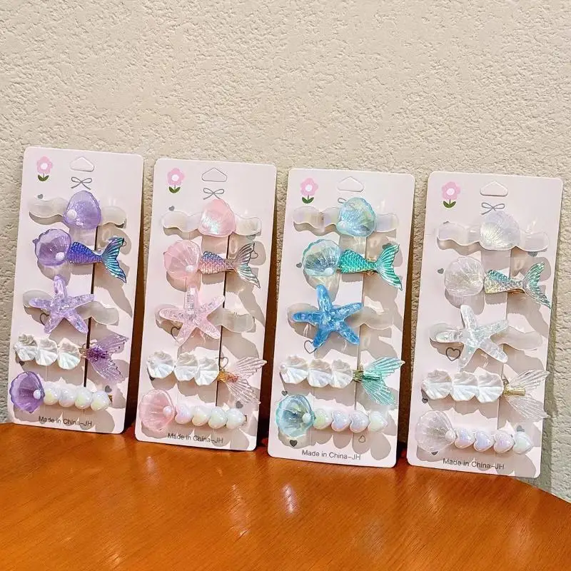 5Pcs Cute Mermaid Headwear Set Starfish Shell Ocean Design Girls Hair Clips for Travel Holiday Decor