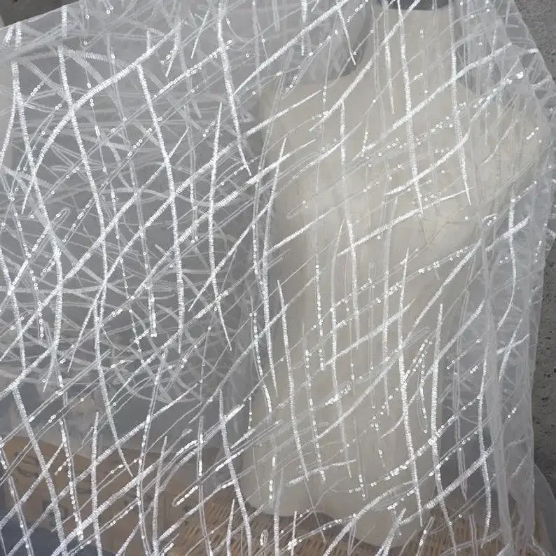 Tela de encaje de lentejuelas pesadas, bordado de flores, tela de tul blanco suave para encaje de boda, vestido de novia, velo de encaje de 51 "de ancho