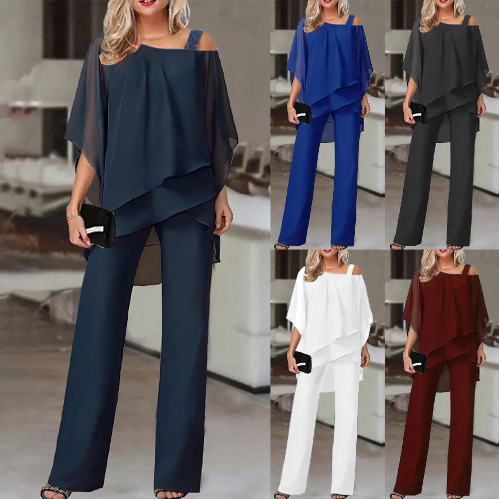 Elegancka moda Solid Loose Casual Dolman Sleeve Irregular Set Wiosna Lato Bluzka Koszula i Spodnie z szerokimi nogawkami Dwuczęściowy Strój