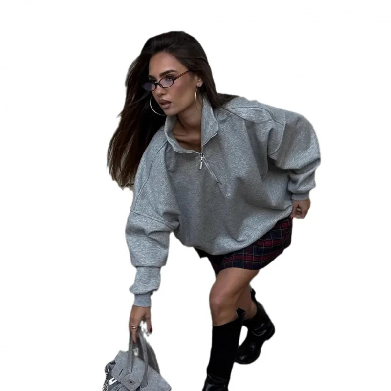 Amerikanisches Retro-Sweatshirt mit halbem Reißverschluss und Stehkragen, Unisex, modisch, elegant, sportlich, vielseitiges Oberteil