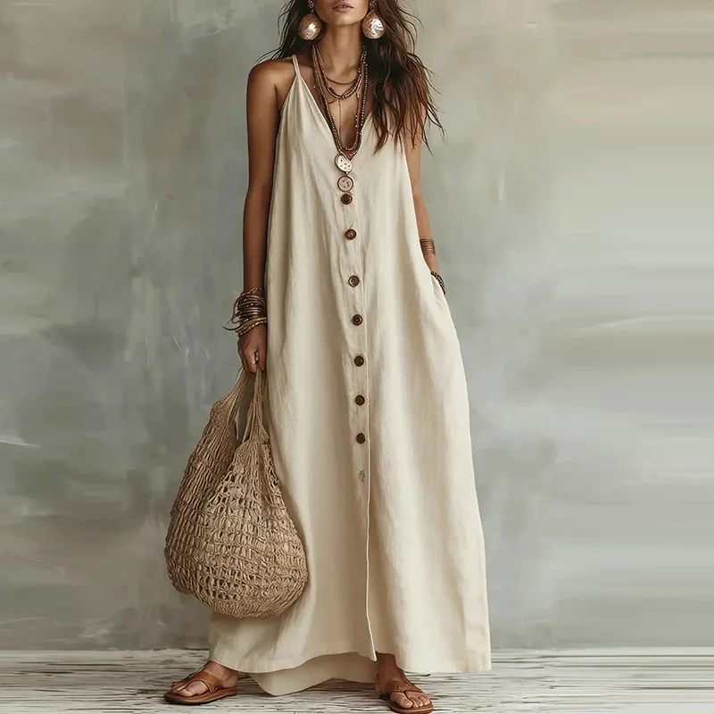 Neues Sommer Ärmelloses Strand-Urlaubskleid Damen Casual V-Ausschnitt Taschen Knopfleiste Party-Kleider Damen Mode Maxikleider Boho