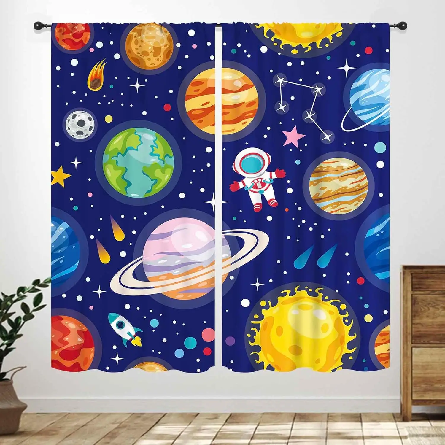 Kids Cartoon Space Curtains,Outer Space Universe Solar System Planet Window Curtains for Boys Cartoon Astronaut Galaxy Curtains