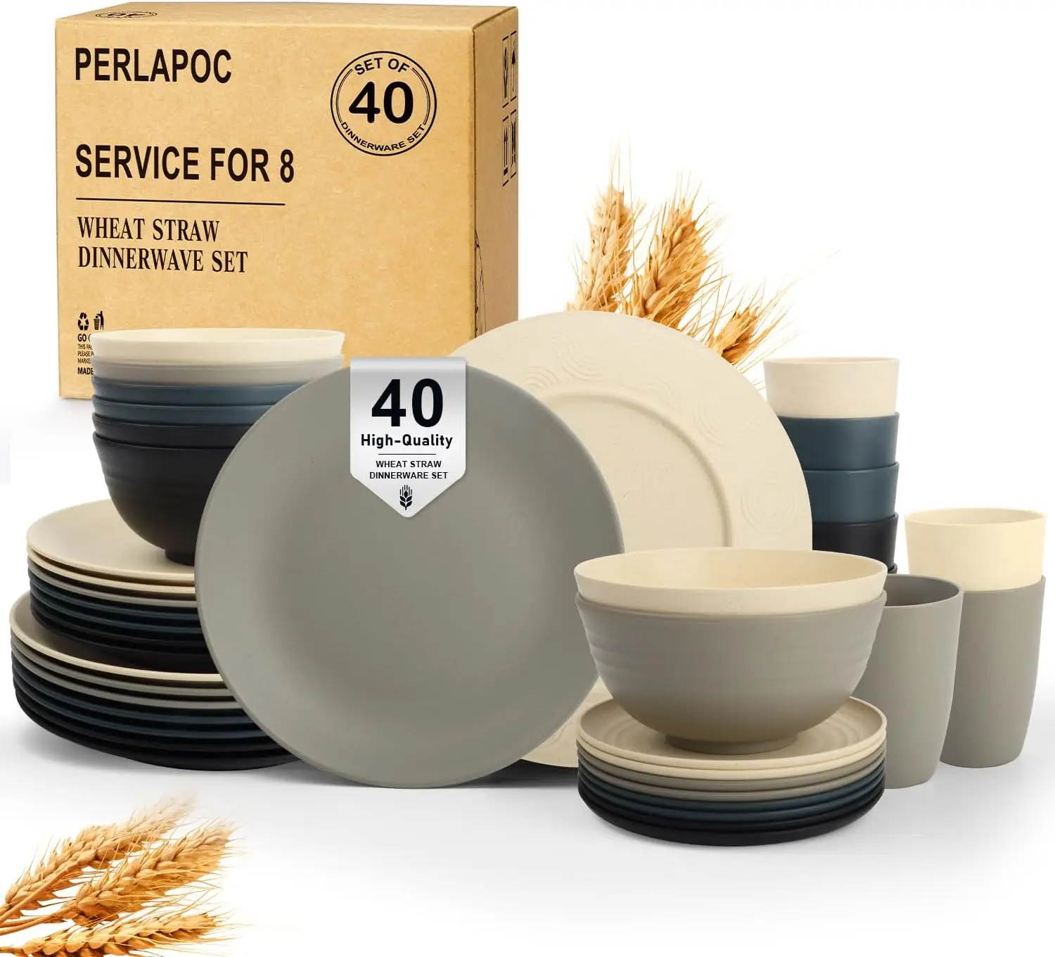 

40 PCS Wheat Straw Dinnerware Set | Service for 8 Plastic Dishes Set Unbreakable Plates and Bowls