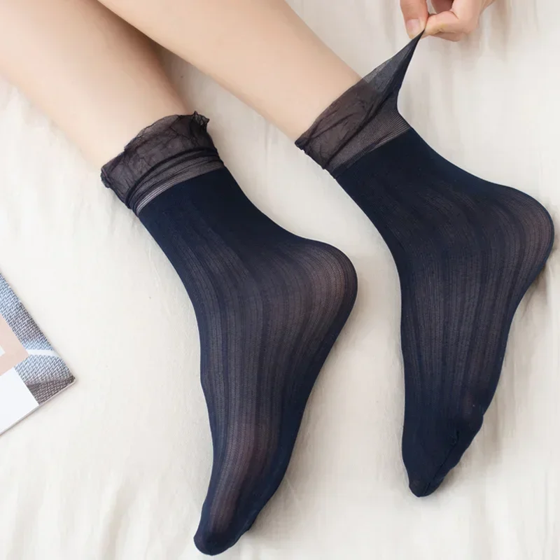 5Pairs/lot Velvet Frilly Ruffle Socks Women Ultra-thin Transparent Lace Socks Retro Summer Harajuku Long Stocking Hollow Out Sox