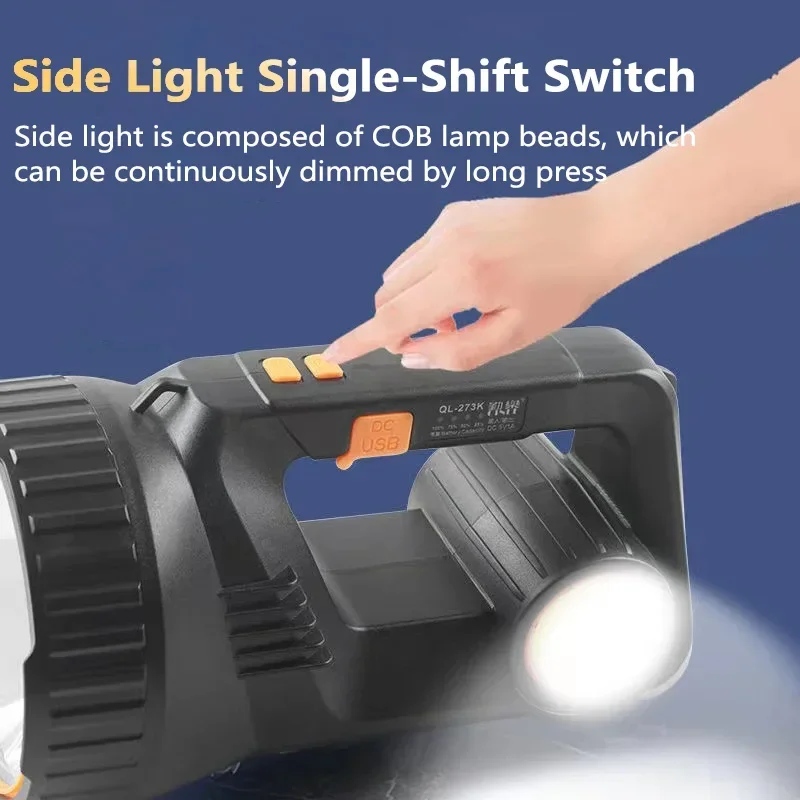 Portable LED Flashlight USB Rechargeable Searchlight with Side Light Outdoor Waterproof Powerful Spotlight Camping Lantern Torch