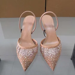 2025 Women High Heels Sandals Glitter Rhinestone Pointed Slingbacks Designer Summer Mesh Elegant Ladies Party Wedding Shoes