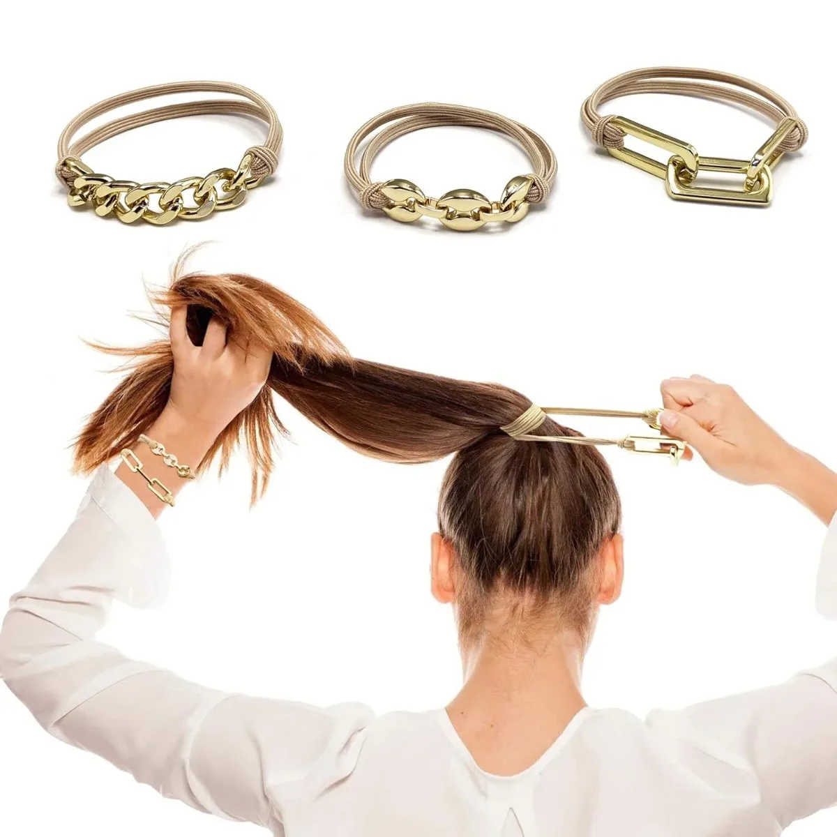 

Модные металлические резинки для волос с высокой эластичностью, бежевые, для хвоста и в качестве аксессуаров для браслетов