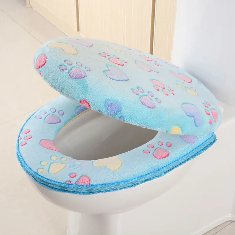 New Two Pieces Toilet Seat Cover Warm Soft Skin-friendly Cartoon  Cushion Reusable Zipper O-shape Closestool Mats Bathroom