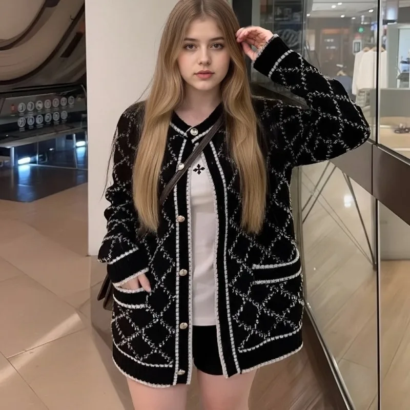 

Elegant Korean Diamond Patterned Casual O Neck Women's Sweatercoat Spring Autumn Fashion Sweet Fragrant Style Knitted Cardigan12