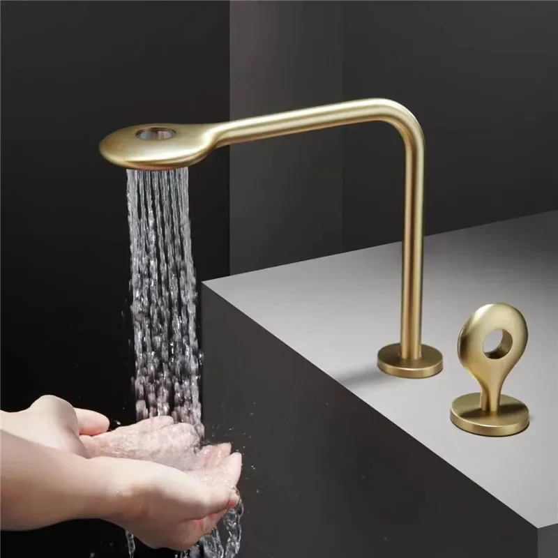 Brushed Gold Basin Faucet Total Brass Black Bathroom Gray Sink Faucets 3 Hole Hot And Cold Waterfall Water Tap