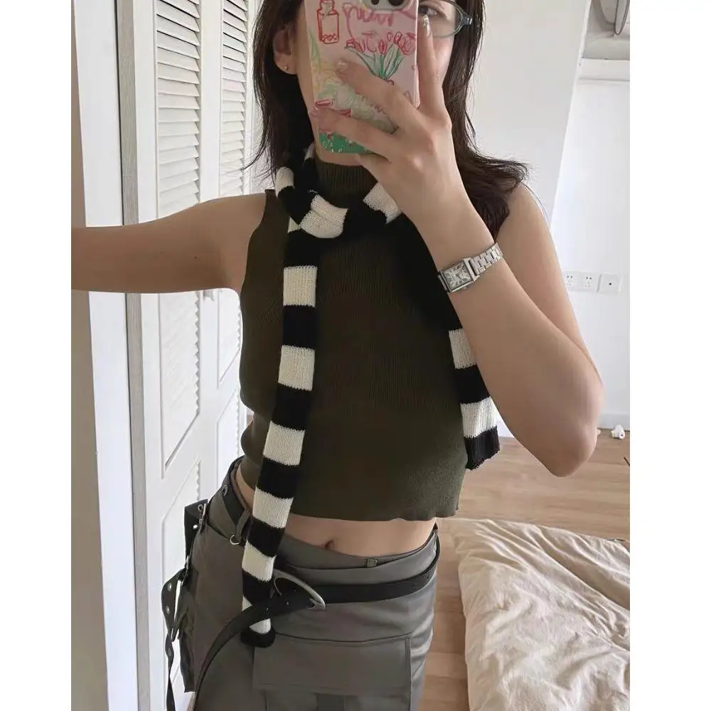 Y2k أسود رمادي شريط الأوشحة الطويلة النساء Harajuku القطن والأوشحة أبيض وأسود مخطط وشاح رقيقة طويلة الزخرفية منديل