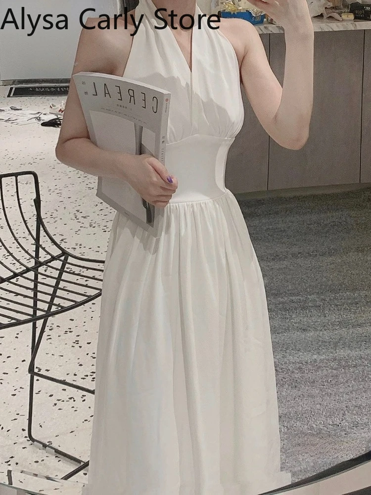 White Backless Vintage Elegant Dress Women Summer 2022 Korean Sexy Party Fairy Midi Dresses Casual Designer Retro Halter Dress