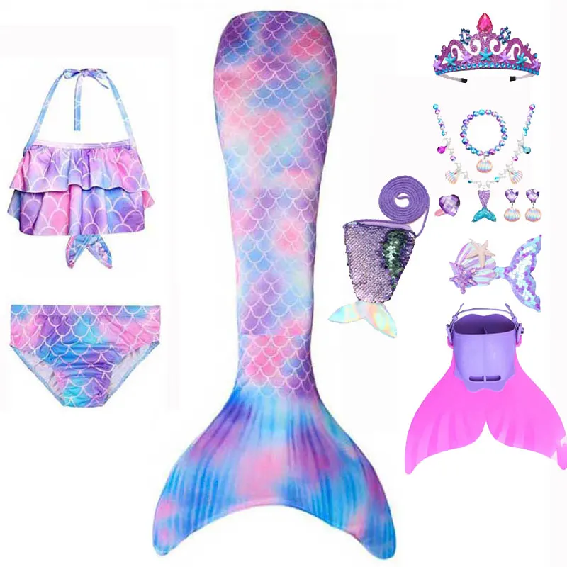 Girls Mermaid Tail Swimsuit Fin Girls Bikini Garland And Monofin Novelty Swimwear Kids Mermaid Performance Dance Dress