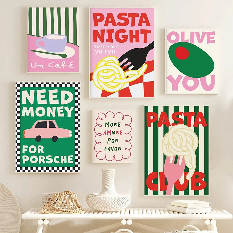 1pc frameless Canvas Painting  1pc frameless Color Food Art Quote Poster Pasta Club Canvas Painting Wall Prints French Fries Kit
