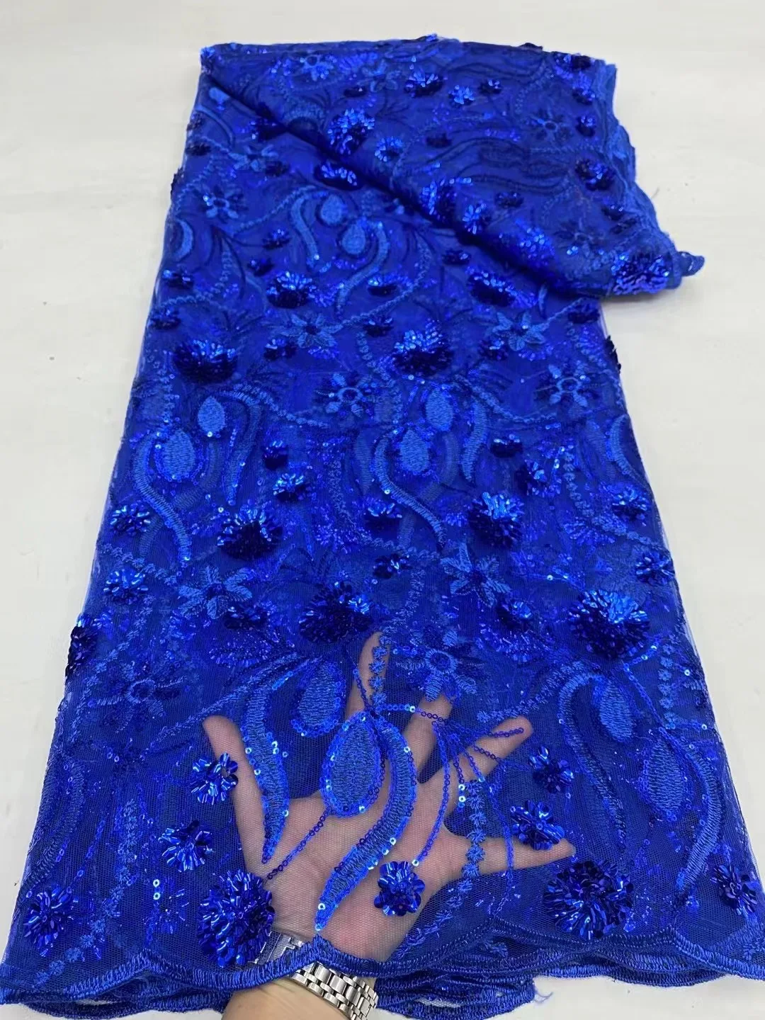 Royal blue French Sequins Lace Fabric 2024 High Quality 5 Yards Nigerian Lace Fabric African Tulle Lace Fabric For Party Dress