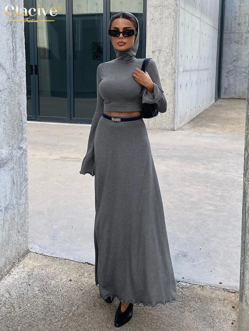 Clacive Bodycon Gray Knitted Skirt Sets For Women 2 Pieces Elegant Long Sleeve Crop Top With High Waist Slit Long Skirts Set