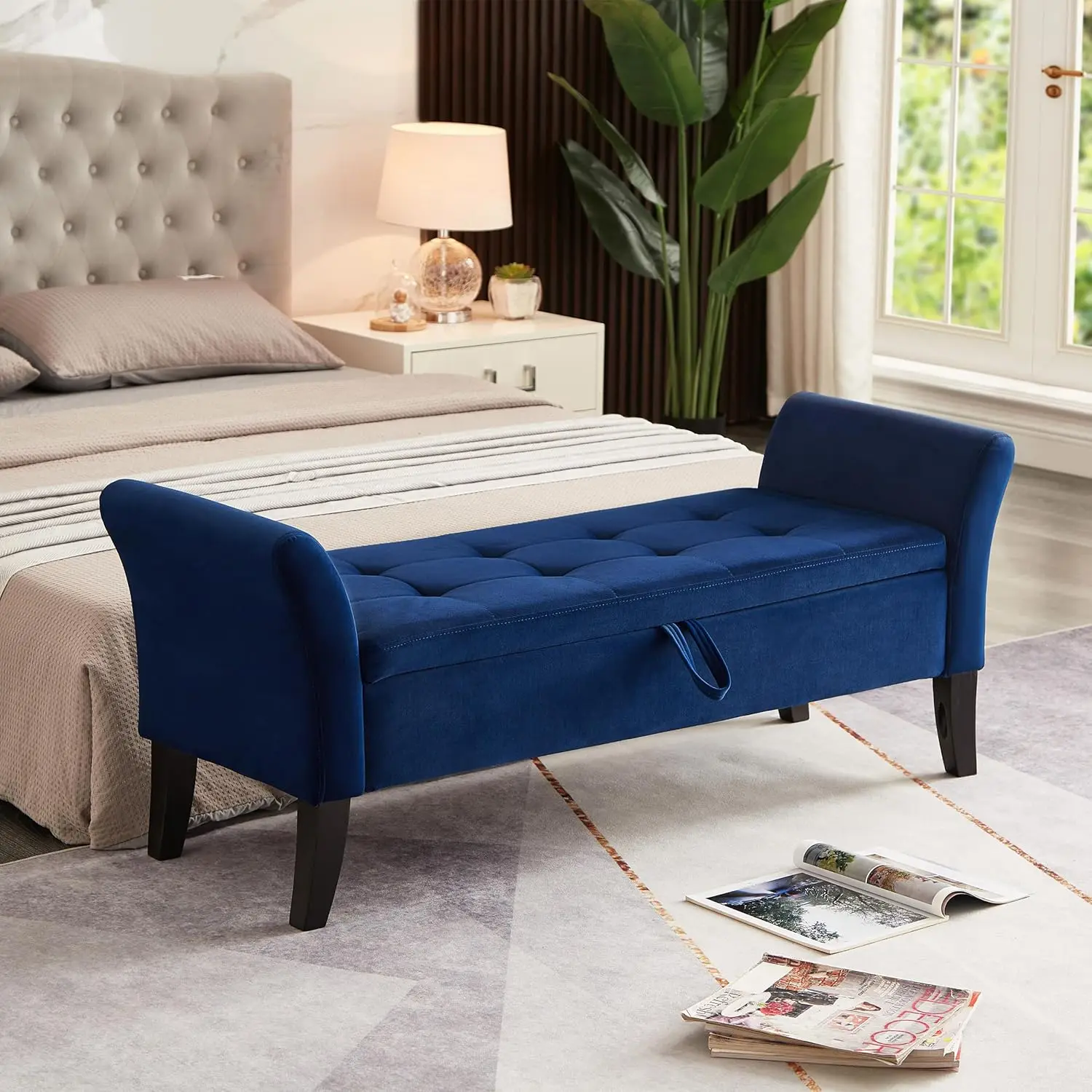 

Modern Storage Bench, 51"" Velvet Tufted Ottoman Bench, Upholstered Bed Bench With Storage Box For End Of Bed, Wood Legs