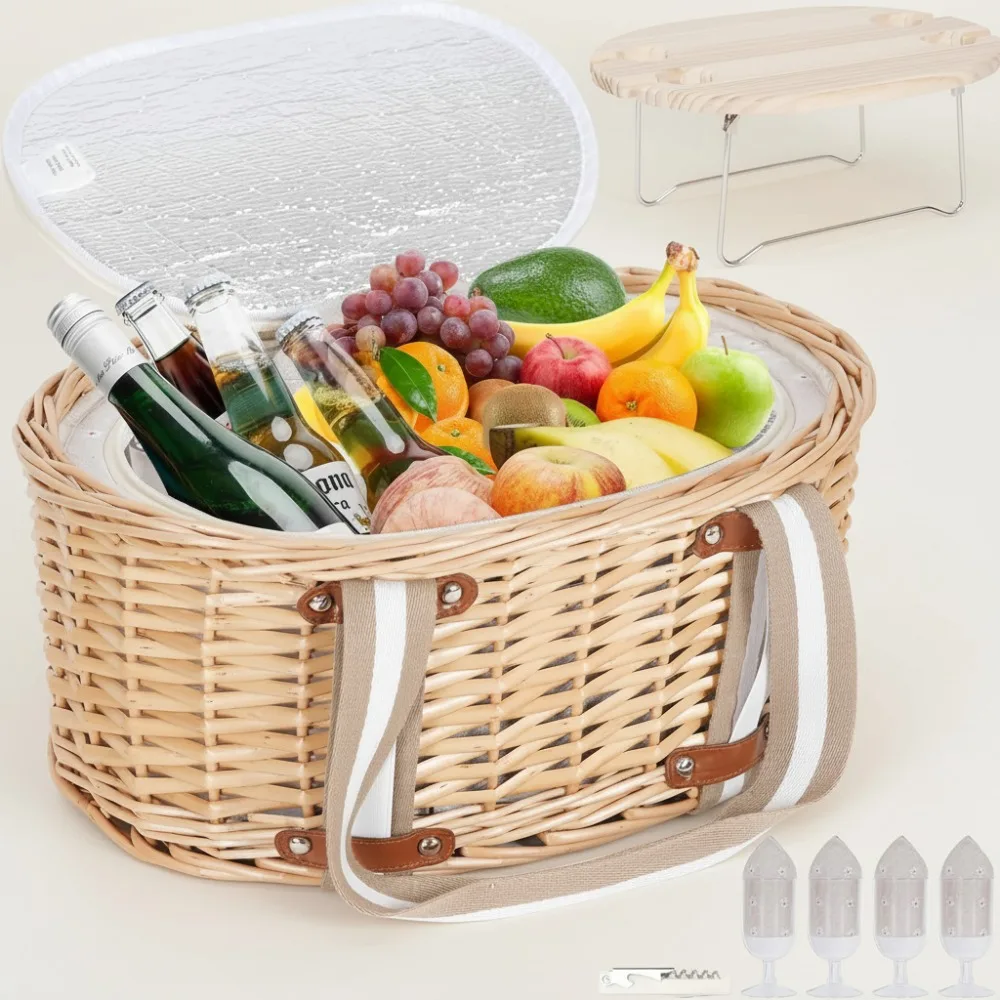 

Insulated Picnic Basket Set for 4 with Wine Table - Portable Outdoor Dining Kit for Couples, Camping, Dates