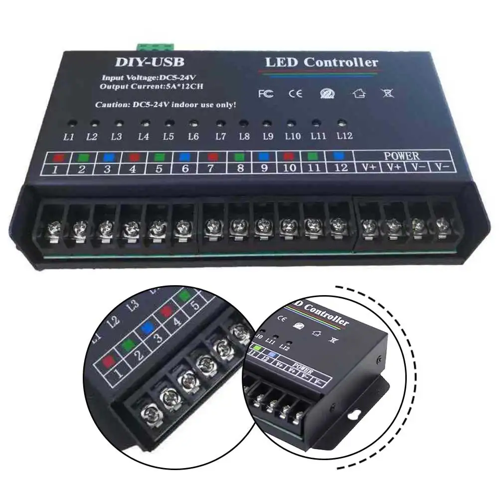1pc 60A 12-Channel LED Light Programmable Controller Dimmer For Control RGB Monochrome Lights Easy To Install