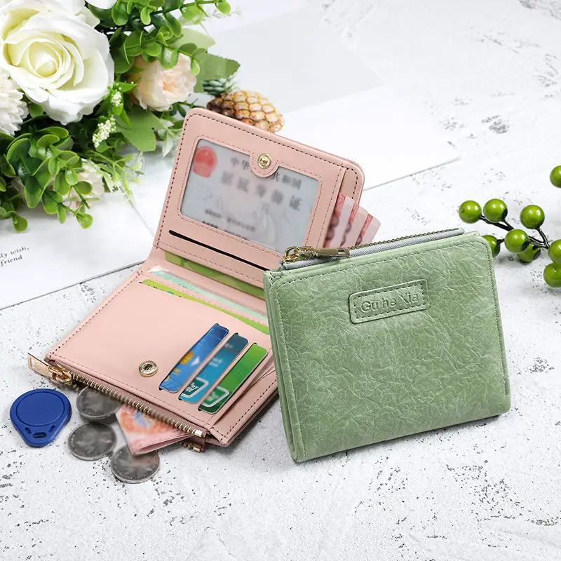 Simple Wrinkled Short Wallet for Women, Compact Foldable Multi-Card Slots Card Holder Purse