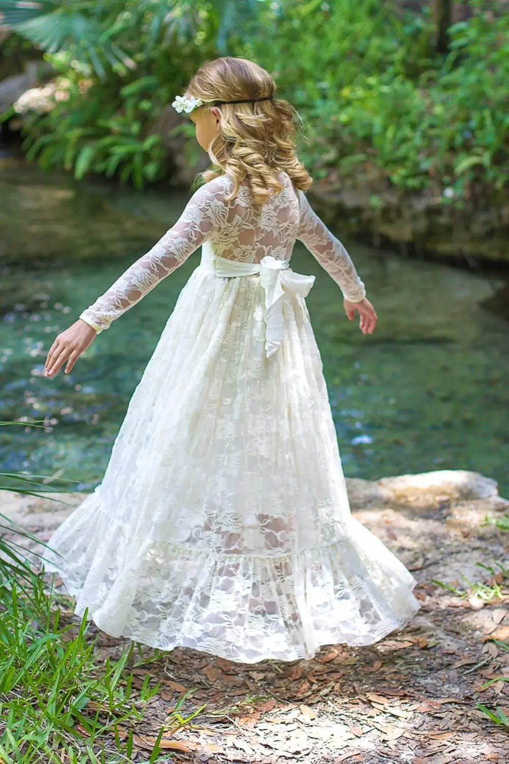 Fancy ivoorwit kant bloemenmeisje jurk Boheemse prinses verjaardagsfeestje dans formele avondjurk communiejurk strik fee jurk
