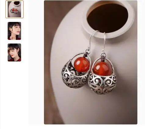 

Red agate ethnic style earrings, silver earrings, retro style earrings, paired with qipao temperament ear clips, summer style fo