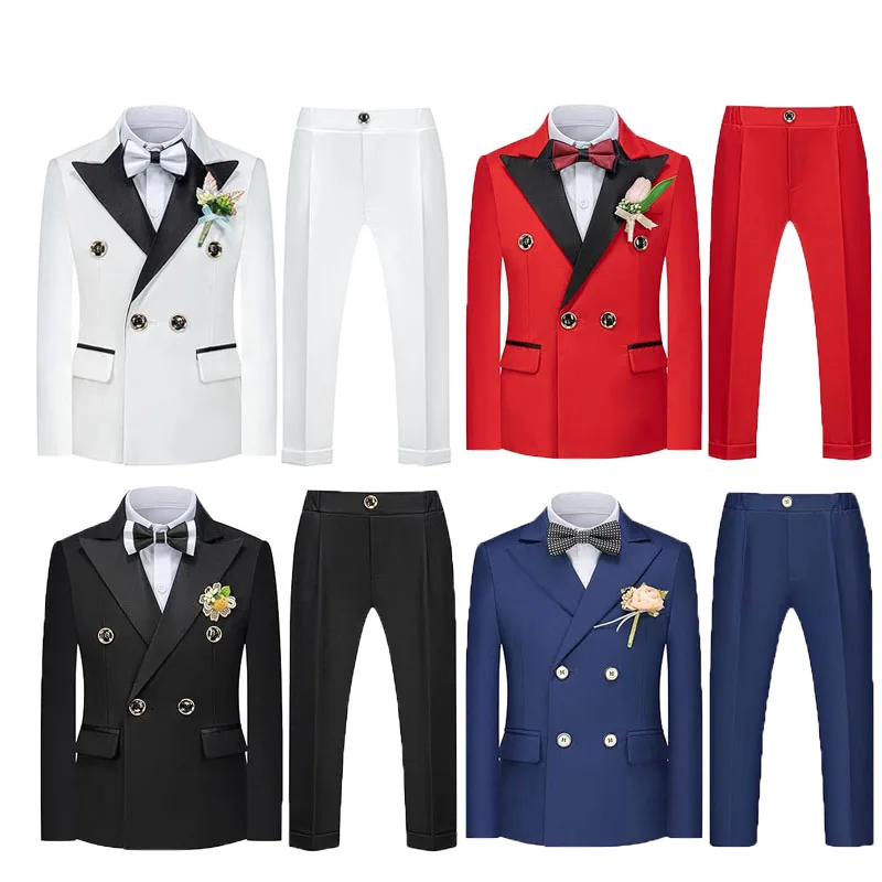 

80-150 Kids 1 Year White Spring 4Piece/Set Jacket Pants Bowtie Flower Photograph Suit Boys Birthday Costume Child Wedding Dress