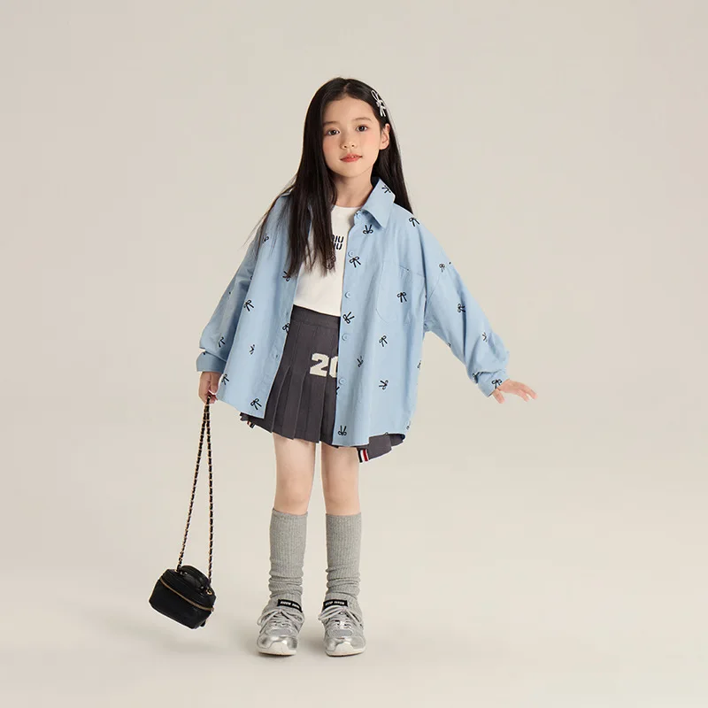 

Children's Shirts 2025 Spring New Girls Sweet Full Print Bow Lapel Shirt Baby Coat