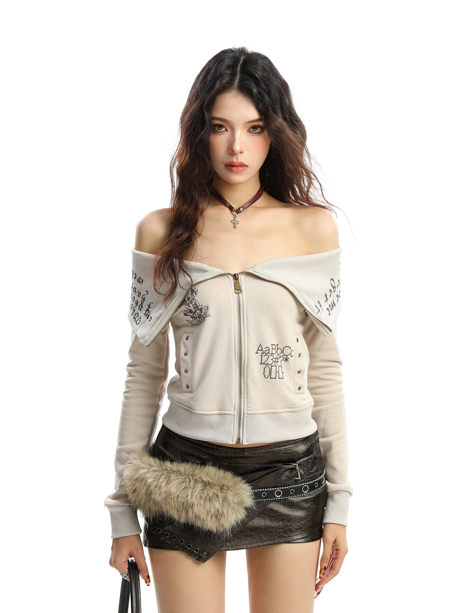 

Женская толстовка Spicy Girl Biggold на молнии с одним плечом, облегающая, укороченная, в уличном стиле, модная, осенняя, повседневная одежда