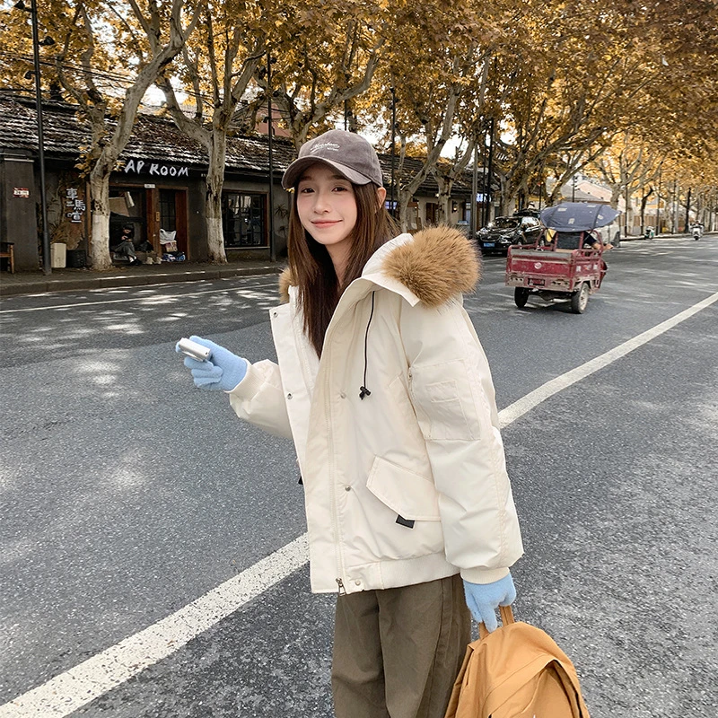 Inverno grande collo di pelliccia con cappuccio giacche utensili 2025 moda donna piumino imbottito in cotone cappotto manica lunga cappotti coreani tendenza