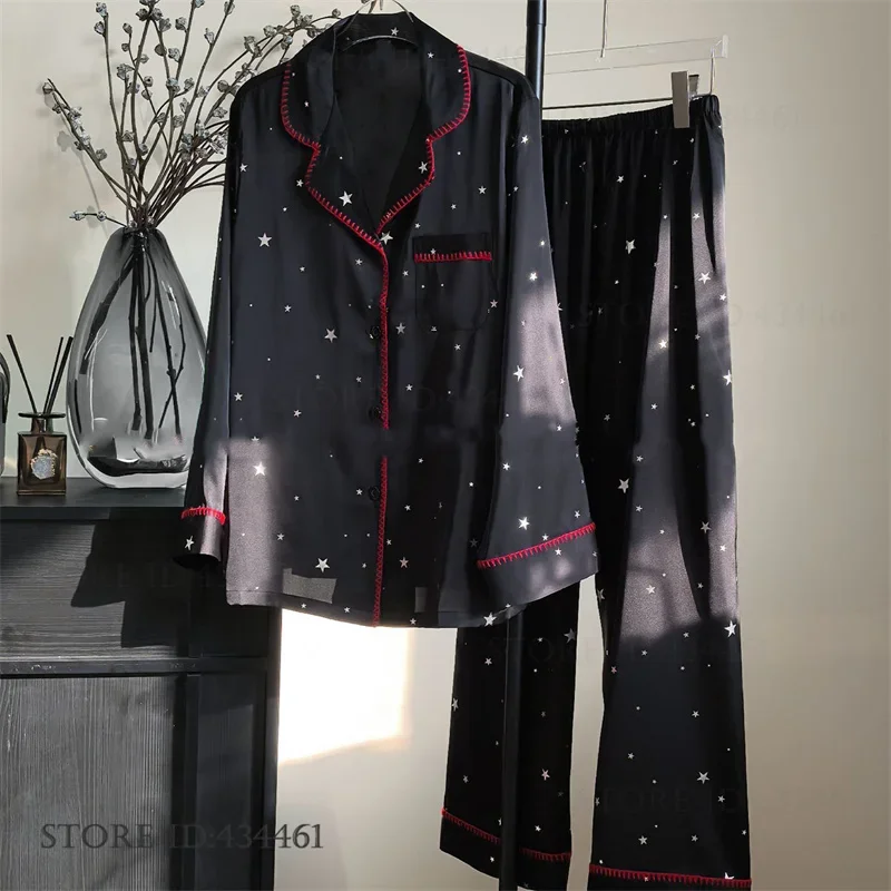New Women's 2Pcs Pajamas Set Home Clothes Sexy Sequin Long Sleeve Pijamas Suit Sleepwear Loose Black Satin Pyjamas Homewear