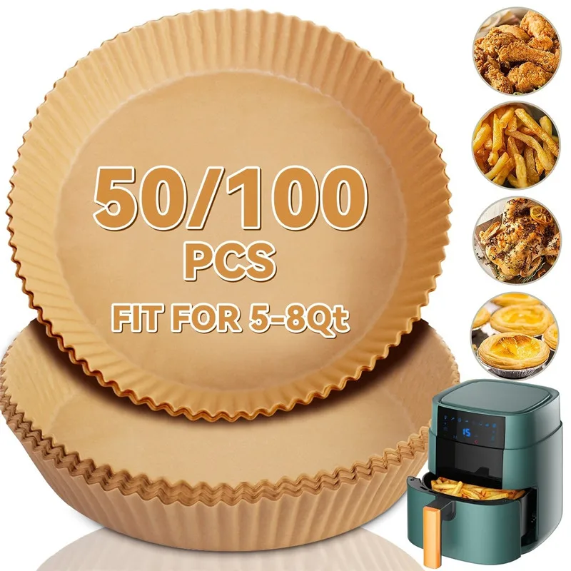 50/100 Stück antihaftbeschichtete Heißluftfritteuse-Einlagen – fettbeständiges, leicht zu reinigendes Pergamentpapier für 5-8QT Heißluftfritteusen, perfekt zum Backen